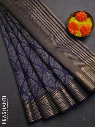 Semi raw silk saree navy blue with allover geometric butta prints and temple design zari woven border
