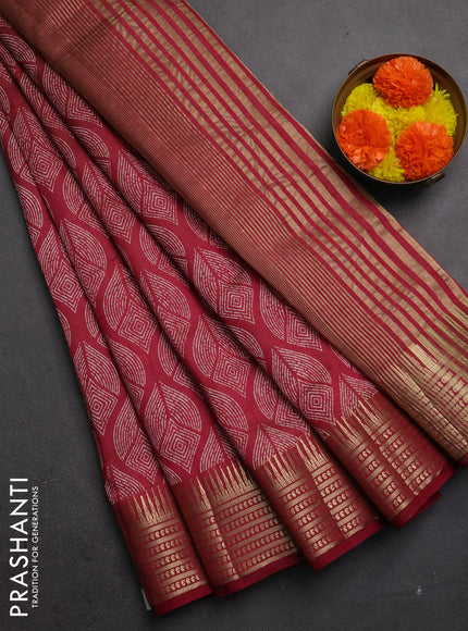 Semi raw silk saree maroon with allover geometric butta prints and temple design zari woven border