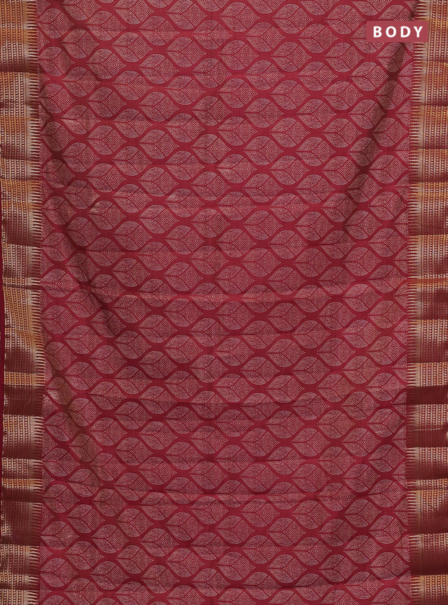 Semi raw silk saree maroon with allover geometric butta prints and temple design zari woven border