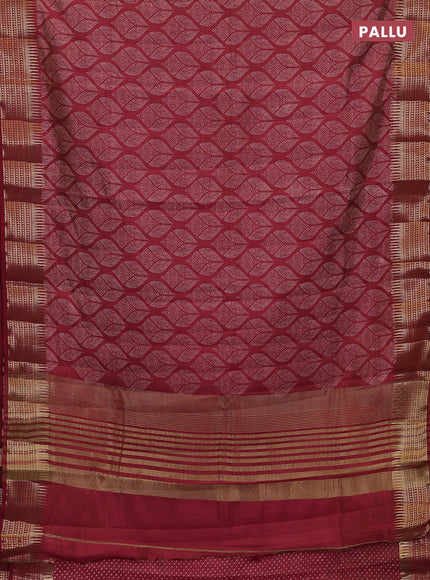 Semi raw silk saree maroon with allover geometric butta prints and temple design zari woven border