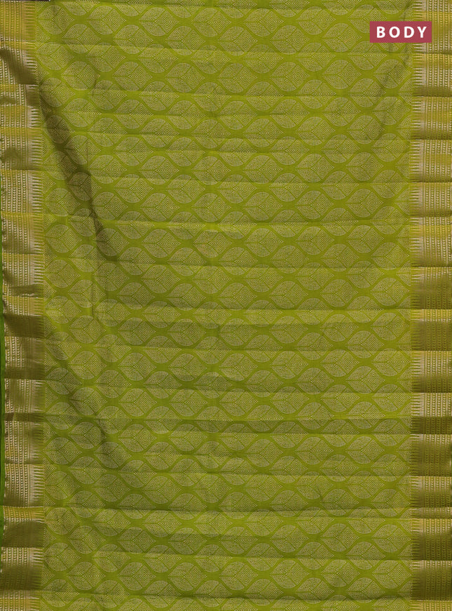 Semi raw silk saree light green with allover geometric butta prints and temple design zari woven border