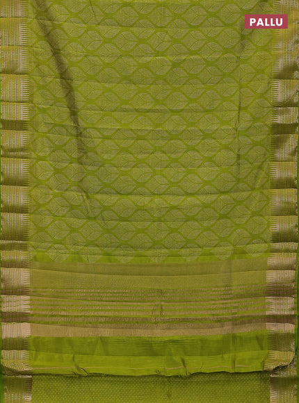 Semi raw silk saree light green with allover geometric butta prints and temple design zari woven border