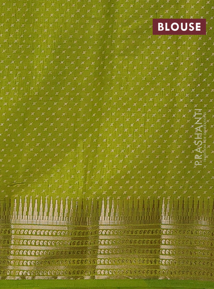 Semi raw silk saree light green with allover geometric butta prints and temple design zari woven border