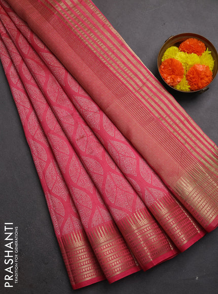 Semi raw silk saree pink shade with allover geometric butta prints and temple design zari woven border
