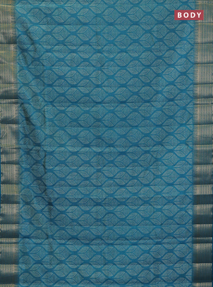 Semi raw silk saree teal blue with allover geometric butta prints and temple design zari woven border