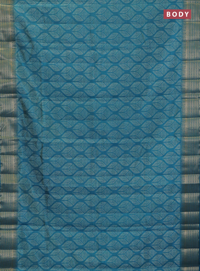 Semi raw silk saree teal blue with allover geometric butta prints and temple design zari woven border