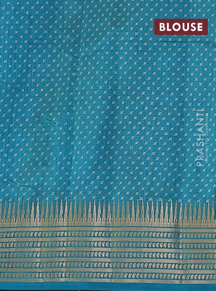 Semi raw silk saree teal blue with allover geometric butta prints and temple design zari woven border