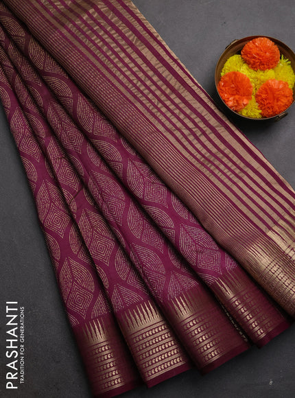 Semi raw silk saree wine shade with allover geometric butta prints and temple design zari woven border