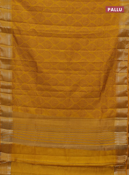 Semi raw silk saree dark mustard shade with allover geometric butta prints and temple design zari woven border