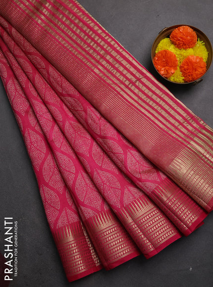 Semi raw silk saree pink with allover geometric butta prints and temple design zari woven border
