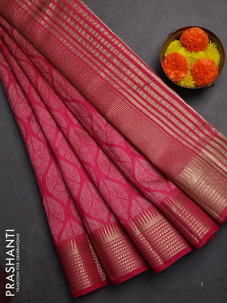 Semi raw silk saree pink with allover geometric butta prints and temple design zari woven border