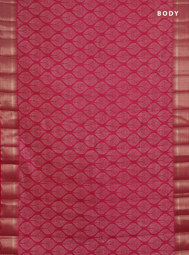 Semi raw silk saree pink with allover geometric butta prints and temple design zari woven border