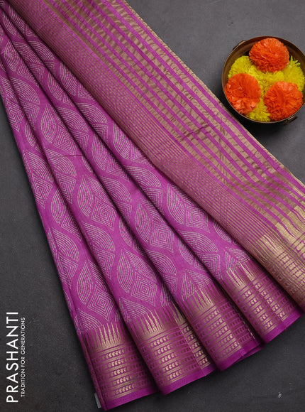 Semi raw silk saree lavender with allover geometric butta prints and temple design zari woven border