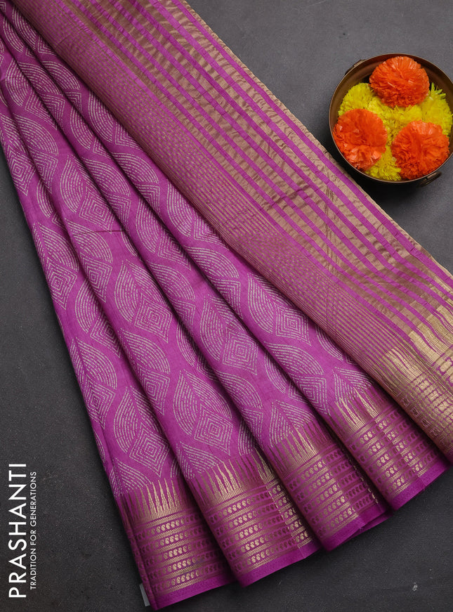 Semi raw silk saree lavender with allover geometric butta prints and temple design zari woven border