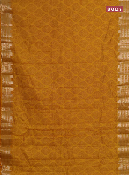 Semi raw silk saree dark mustard with allover geometric butta prints and temple design zari woven border
