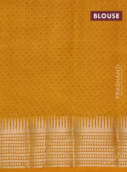 Semi raw silk saree dark mustard with allover geometric butta prints and temple design zari woven border