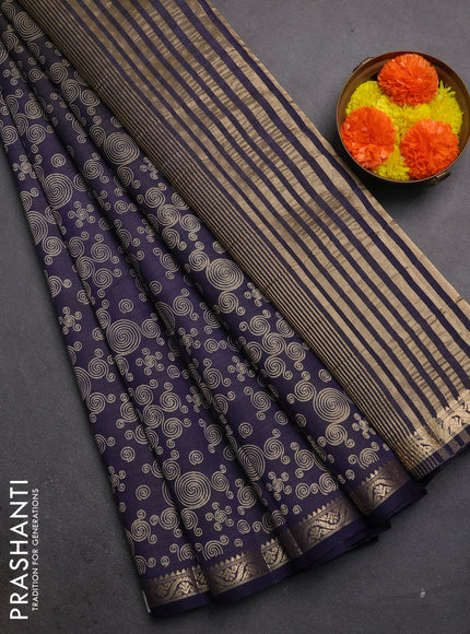 Semi raw silk saree navy blue with allover geometric prints and zari woven border