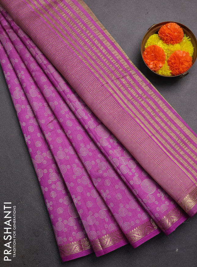 Semi raw silk saree purple with allover geometric prints and zari woven border