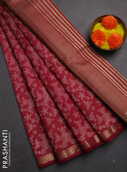 Semi raw silk saree maroon with allover geometric prints and zari woven border