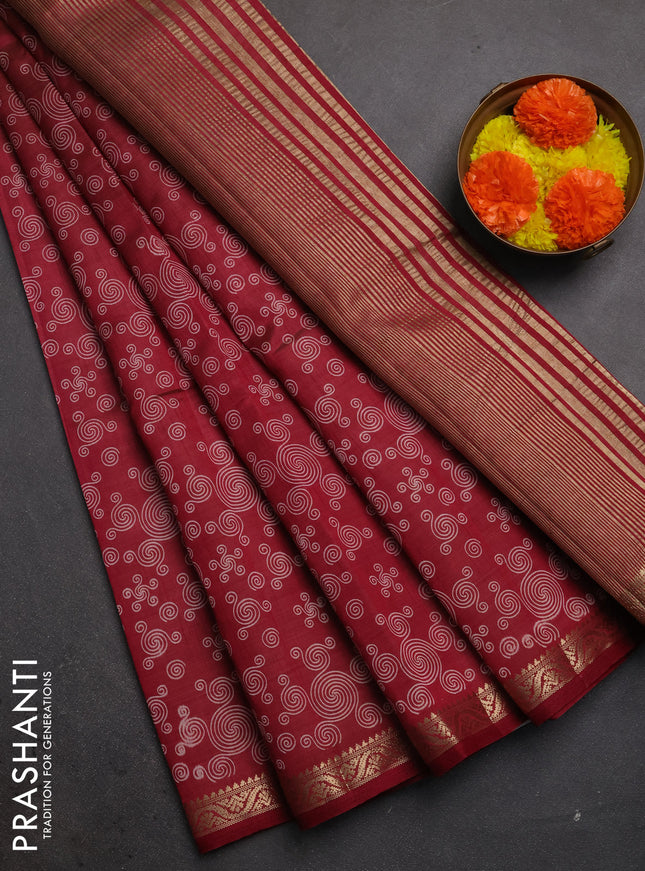 Semi raw silk saree maroon with allover geometric prints and zari woven border