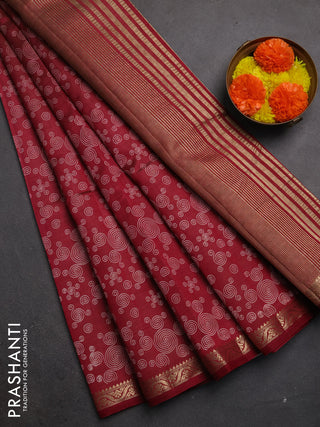 Semi raw silk saree maroon with allover geometric prints and zari woven border
