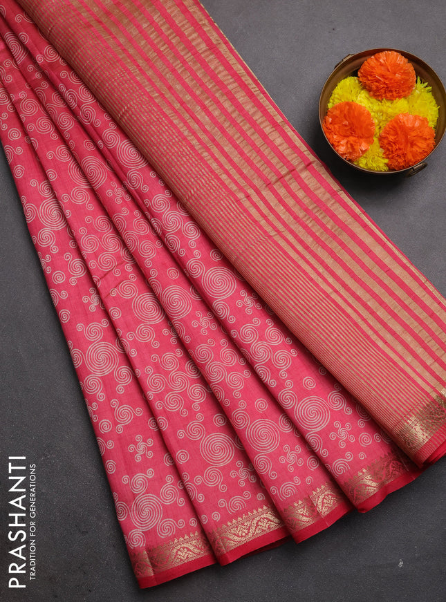 Semi raw silk saree pink shade with allover geometric prints and zari woven border