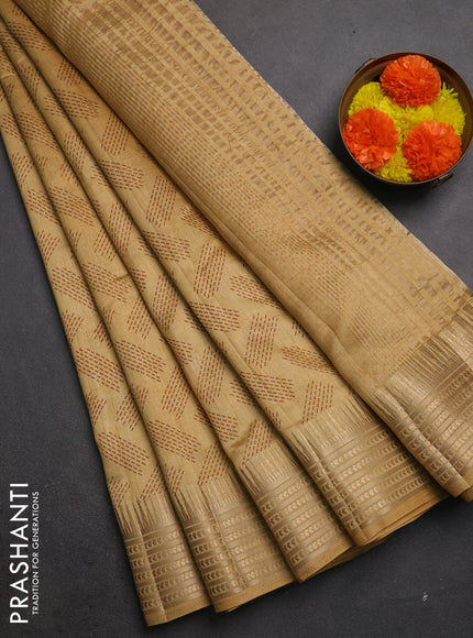 Semi raw silk saree sandal with allover geometric butta prints and temple design zari woven border