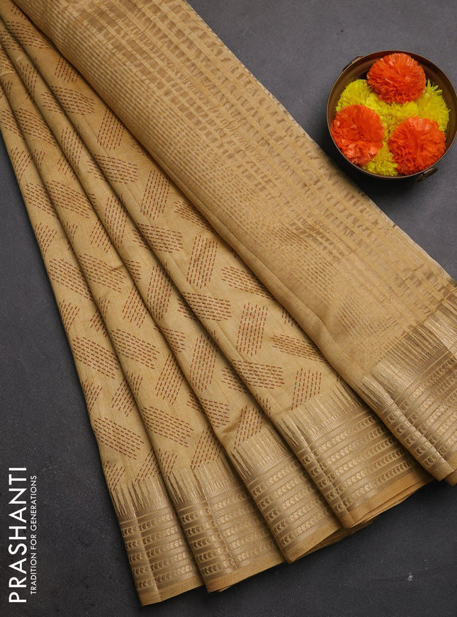 Semi raw silk saree sandal with allover geometric butta prints and temple design zari woven border
