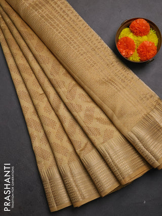 Semi raw silk saree sandal with allover geometric butta prints and temple design zari woven border