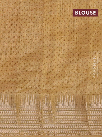 Semi raw silk saree sandal with allover geometric butta prints and temple design zari woven border