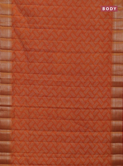 Semi raw silk saree rustic orange with allover geometric butta prints and temple design zari woven border