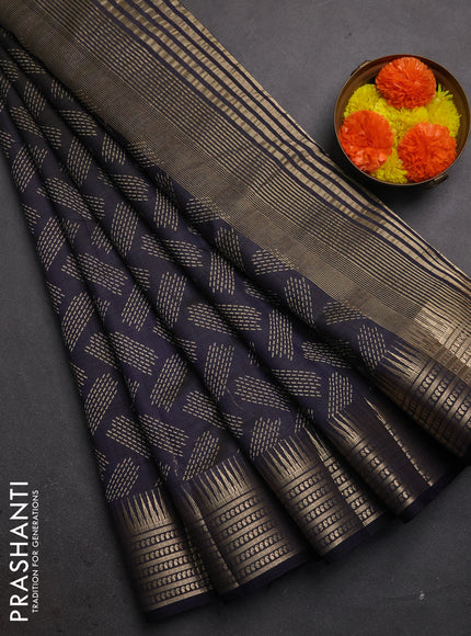 Semi raw silk saree navy blue with allover geometric butta prints and temple design zari woven border