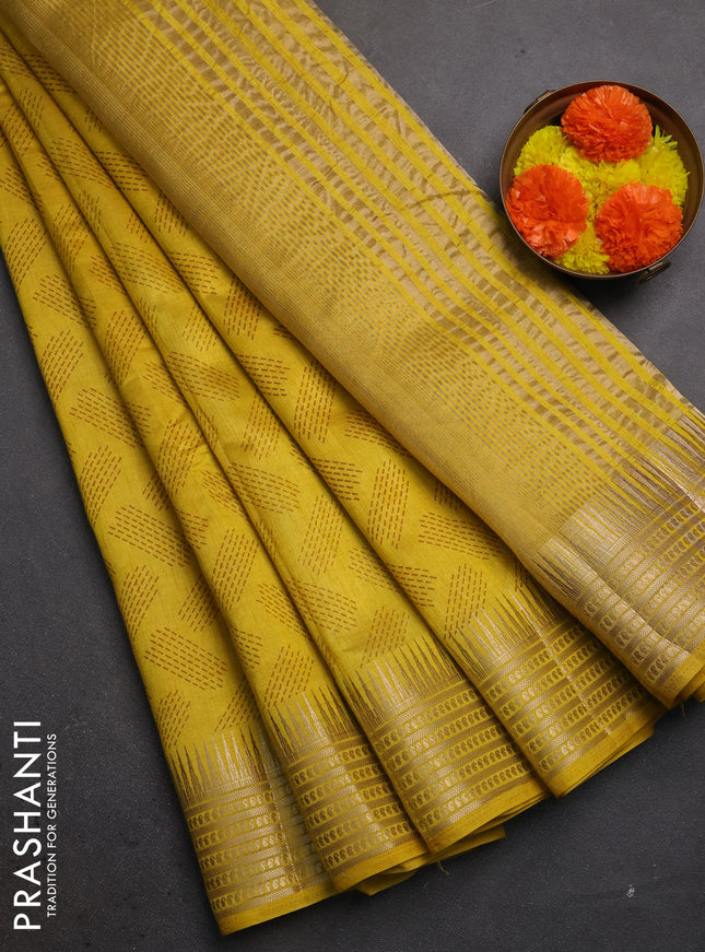 Semi raw silk saree mustard yellow with allover geometric butta prints and temple design zari woven border