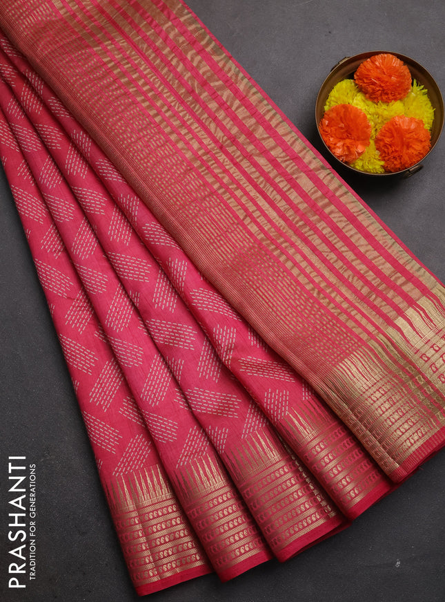 Semi raw silk saree pink shade with allover geometric butta prints and temple design zari woven border