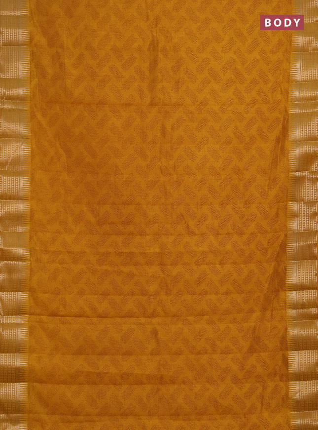 Semi raw silk saree dark mustard with allover geometric butta prints and temple design zari woven border