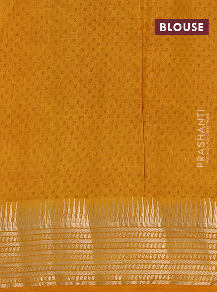 Semi raw silk saree dark mustard with allover geometric butta prints and temple design zari woven border
