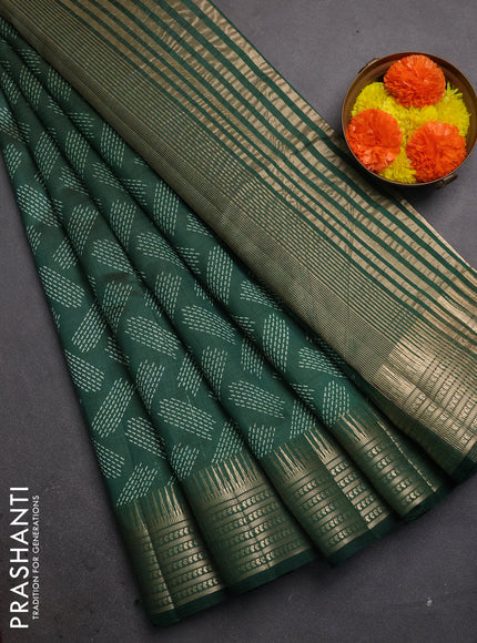 Semi raw silk saree bottle green with allover geometric butta prints and temple design zari woven border