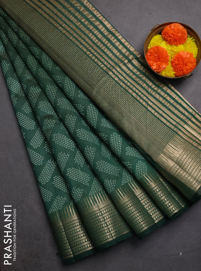 Semi raw silk saree bottle green with allover geometric butta prints and temple design zari woven border