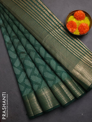 Semi raw silk saree bottle green with allover geometric butta prints and temple design zari woven border