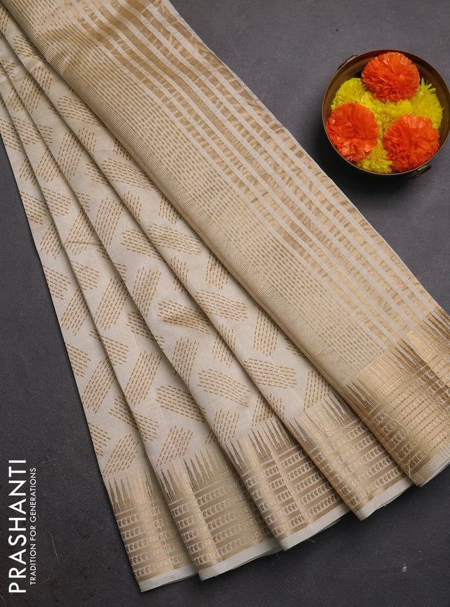 Semi raw silk saree cream with allover geometric butta prints and temple design zari woven border
