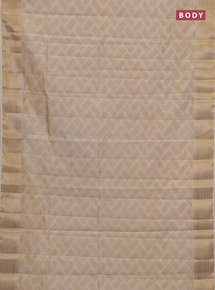 Semi raw silk saree cream with allover geometric butta prints and temple design zari woven border