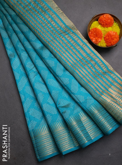 Semi raw silk saree teal green with allover geometric butta prints and temple design zari woven border