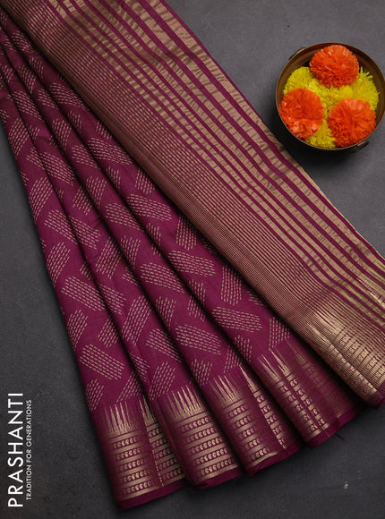 Semi raw silk saree wine shade with allover geometric butta prints and temple design zari woven border