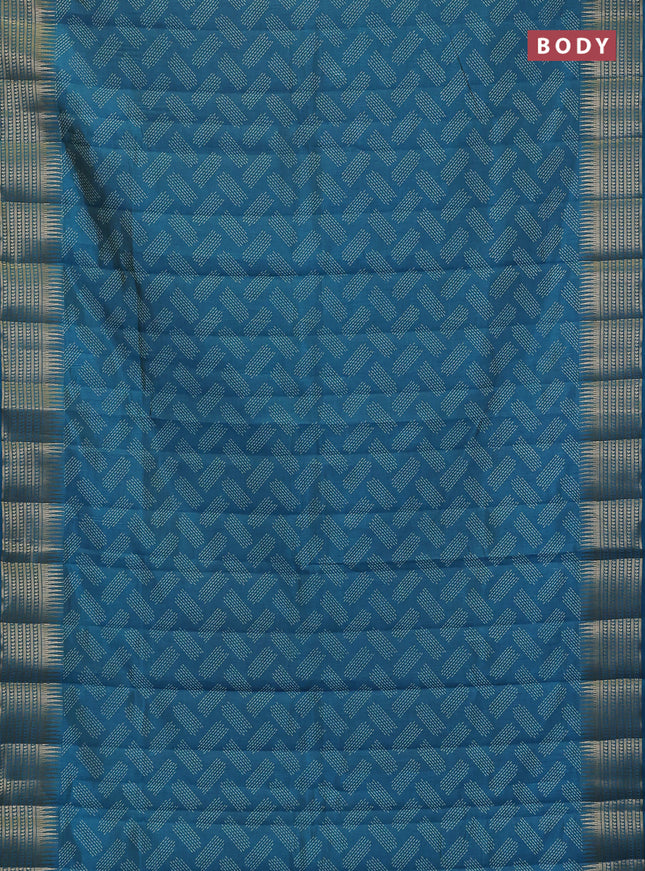 Semi raw silk saree teal blue with allover geometric butta prints and temple design zari woven border