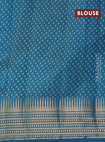 Semi raw silk saree teal blue with allover geometric butta prints and temple design zari woven border