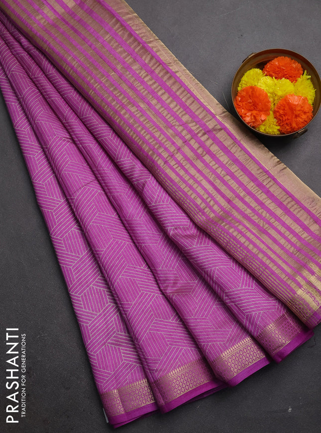 Semi raw silk saree lavender with allover geometric prints and zari woven border
