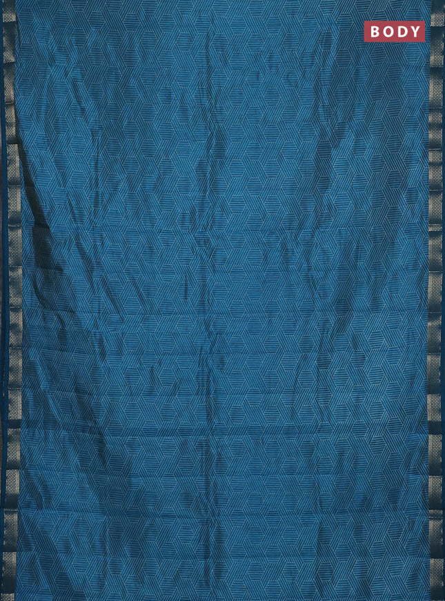 Semi raw silk saree teal blue with allover geometric prints and zari woven border