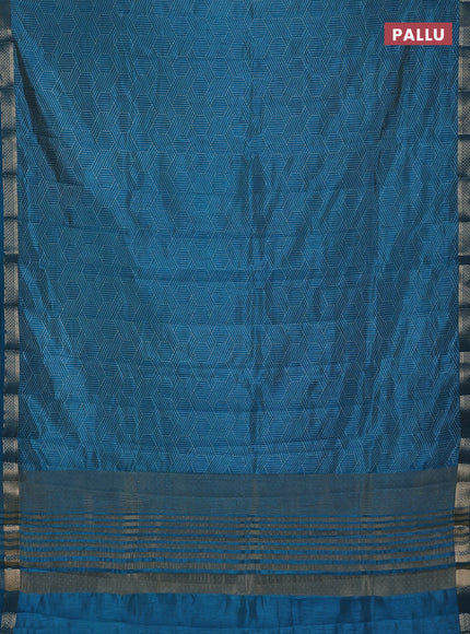Semi raw silk saree teal blue with allover geometric prints and zari woven border