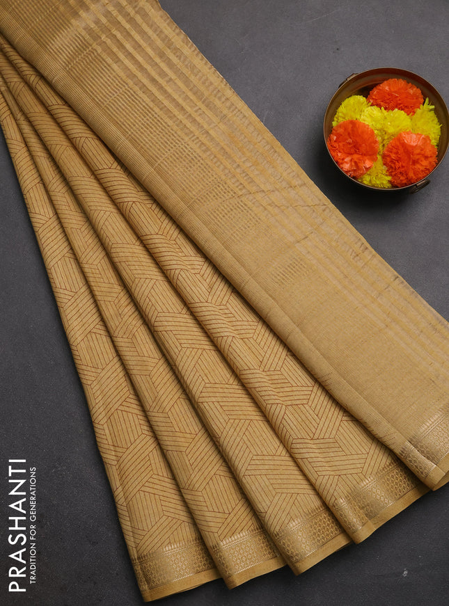 Semi raw silk saree sandal with allover geometric prints and zari woven border