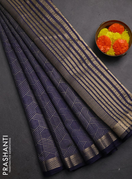Semi raw silk saree navy blue with allover geometric prints and zari woven border